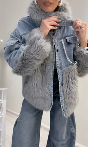 Flvex London – Jacket with a Combination of Gray Fur and Denim